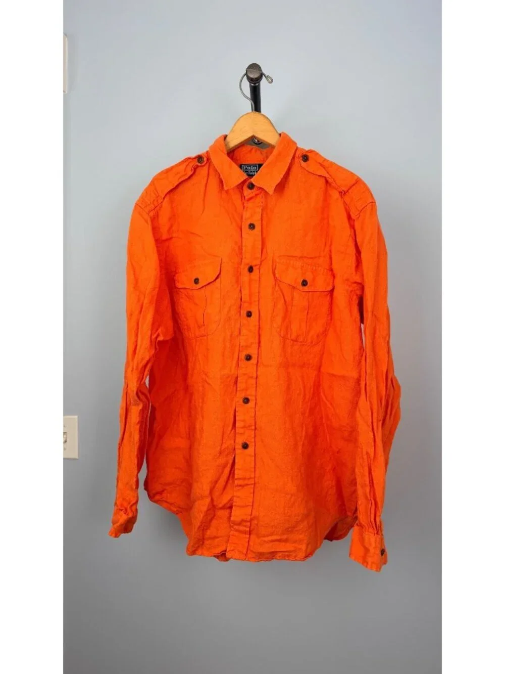 Vintage Polo By Ralph Lauren Orange Linen Button-Up Shirt Mens XL Epaulettes